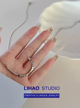 LIHAO银色小方块串珠项链女ins嘻哈辣妹颈链高级感轻奢小众锁骨链
