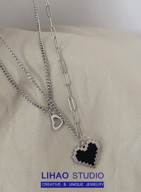 双层黑色爱心项链女钛钢不掉色l