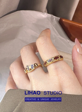 LIHAO法式复古红色珐琅滴釉戒指女ins风潮流小众设计高级感食指环