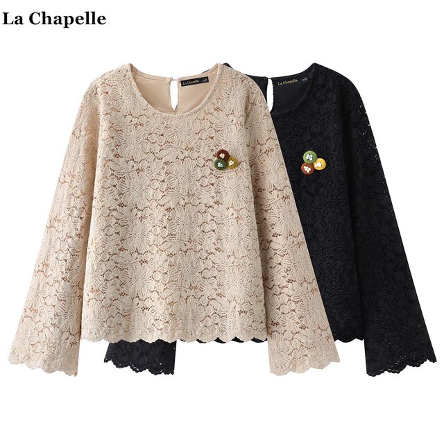 La Chapelle/La Chapelle ເສື້ອເຊີດຜ້າລູກໄມ້ຝຣັ່ງຂອງແມ່ຍິງລະດູໃບໄມ້ປົ່ງໃຫມ່ທີ່ມີແຂນກະດິ່ງຄໍ