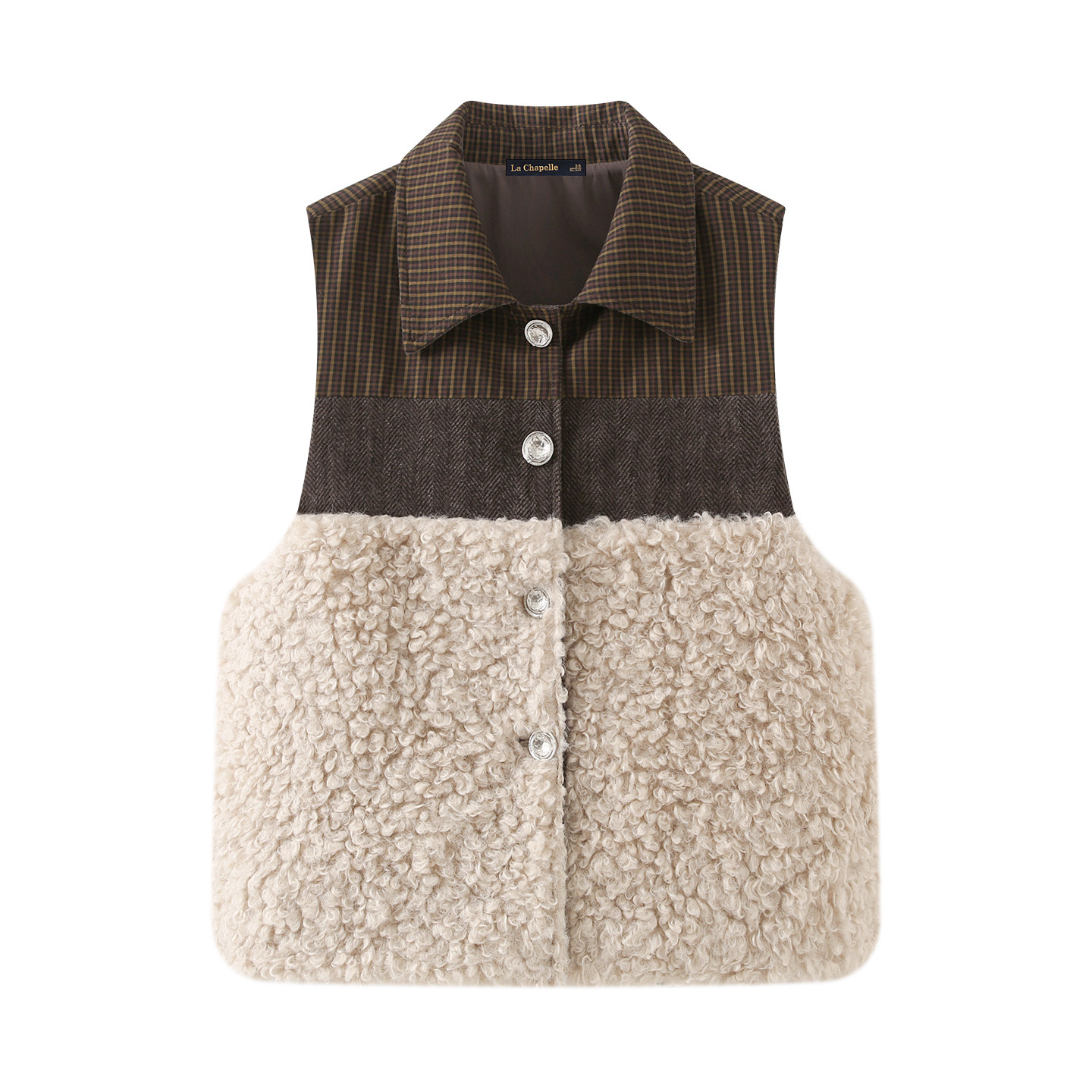 拉夏贝尔/La Chapelle复古格子拼接圈圈毛马甲外套女秋冬外搭开衫,淘宝优惠券,粉丝福利购,淘宝优惠卷