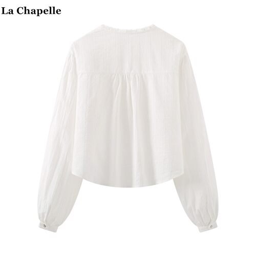 拉夏贝尔/La Chapelle法式绣花长袖衬衫女春季新款木耳边白色衬衣 - 图0