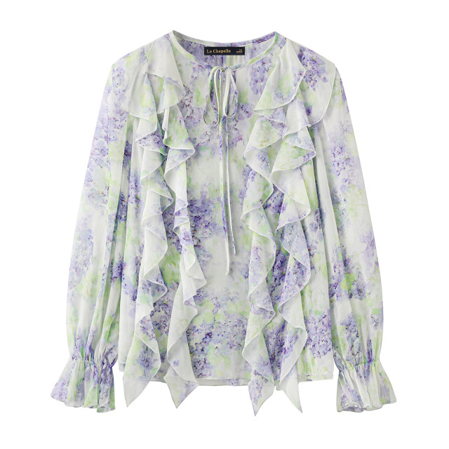 ເສື້ອຍືດແຂນຍາວ La Chapelle ແບບຣີສອດ ruffled floral chiffon ສໍາລັບແມ່ຍິງ summer ໃຫມ່ແບບຝຣັ່ງອ່ອນໂຍນ smudged ເສື້ອແຂນຍາວ
