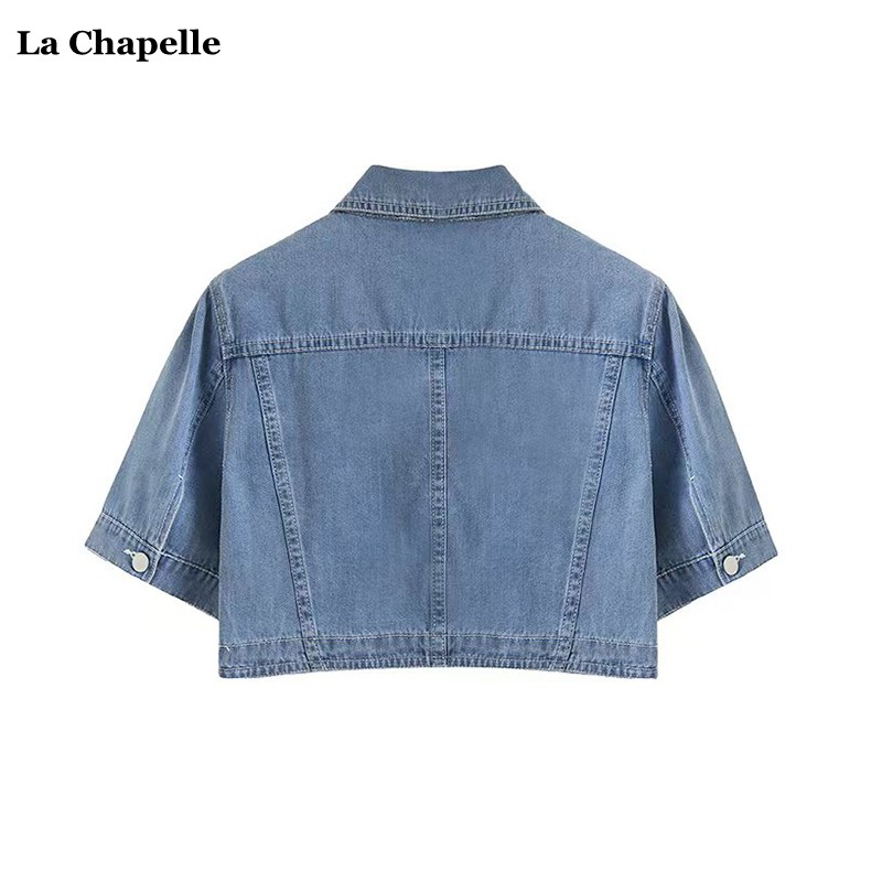 拉夏贝尔/La Chapelle夏季新款短袖牛仔外套女小个子外塔披肩上衣