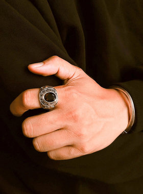 [坚毅有信念]天然茶晶纯银男戒指