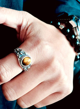 复古原创纯银黄虎睛石活口戒指