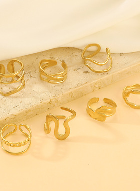 欧美ins风几何波浪线条钛钢戒指