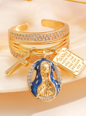 双手合十欧美人像十字架方牌戒指