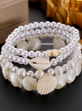 纯白海岸浪漫四层贝壳珍珠手链