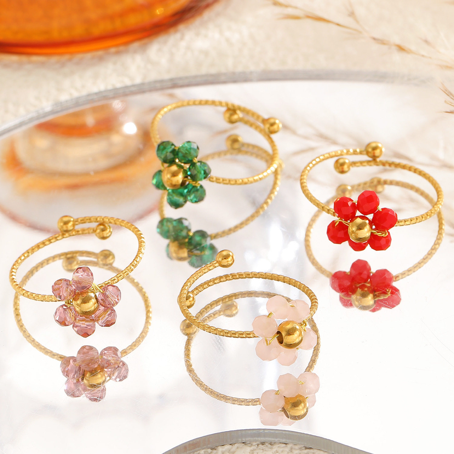 Six-petal crystal flower blooming on fingertips, titanium steel ring necklace