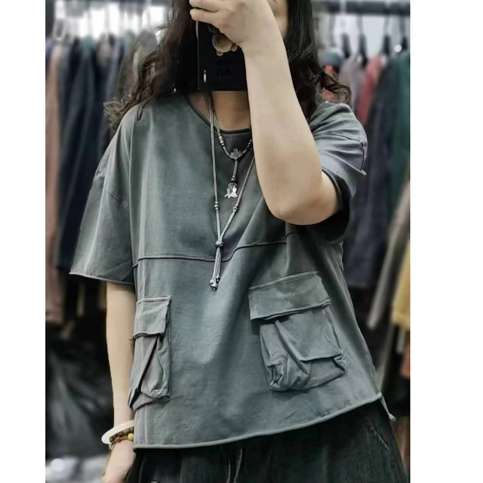夏季韩版新品连帽短袖女宽松个性口袋设计感小众拼接棉质上衣t恤