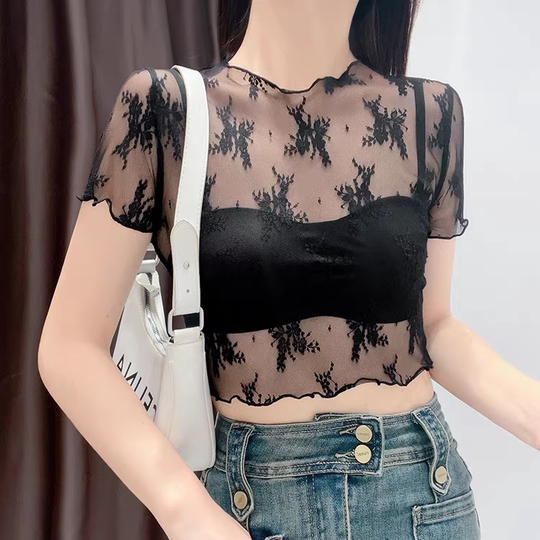 Lace short-sleeved T-shirt with suspender skirt gauze bottoming shirt