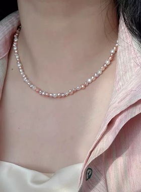 s925银糖果色巴洛克异形淡水珍珠项链女多巴胺粉白紫搭配锁骨