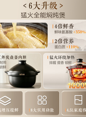 苏泊尔电炖锅家用炭焱釜远红外猛火煲汤加热多功能智能预约电砂锅