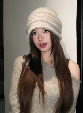 陈哈哈念念不忘~含兔毛针织冷条纹帽褶皱2026新款堆堆帽包头帽女