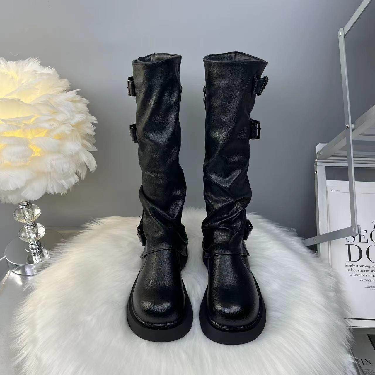 2025新款秋冬加绒棉鞋复古英伦风裤管靴女时尚百搭厚底高筒骑士靴,淘宝优惠券,粉丝福利购,淘宝优惠卷