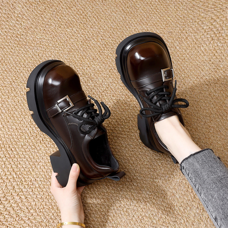 休闲百搭皮鞋女2025新款冬季加绒保暖时尚潮流粗跟增高系带乐福鞋,淘宝优惠券,粉丝福利购,淘宝优惠卷