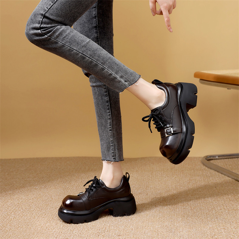 休闲百搭皮鞋女2025新款冬季加绒保暖时尚潮流粗跟增高系带乐福鞋,淘宝优惠券,粉丝福利购,淘宝优惠卷