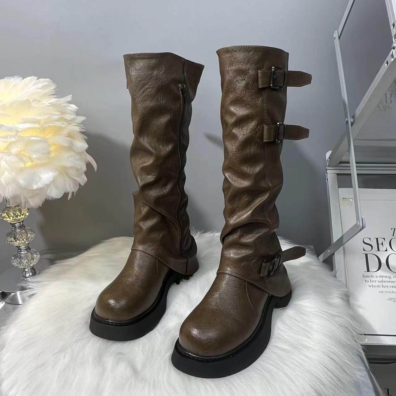 2025新款秋冬加绒棉鞋复古英伦风裤管靴女时尚百搭厚底高筒骑士靴,淘宝优惠券,粉丝福利购,淘宝优惠卷