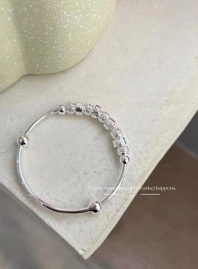 串珠推拉手镯s999足银手镯时尚经送女朋友送妈妈情人节七夕礼物