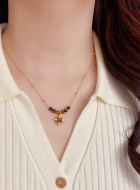 法式复古美拉德串珠虎眼石太阳花项链气质时尚轻奢百搭锁骨链饰品