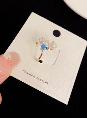 日韩甜美百搭蓝色花瓣珍珠开口戒女新款精致轻奢简约设计感食指戒