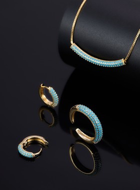 法式轻奢几何设计松石蓝耳环项链戒指首饰套装小众高级感百搭耳饰