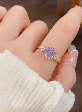 韩版精致时尚百搭玫瑰冰花切锆石开口戒指轻奢甜美花朵食指环饰品