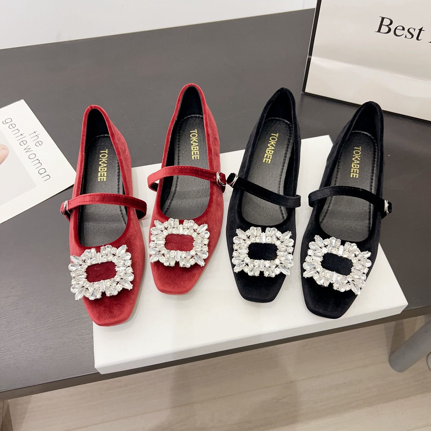 水钻绒面一字带玛丽珍单鞋女2026春季新款法式内增高平底红色婚鞋,淘宝优惠券,粉丝福利购,淘宝优惠卷