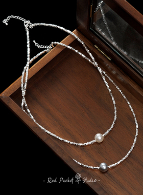 红口袋法式复古碎银子仿施家珍珠项链小红书同款不规则超闪锁骨链