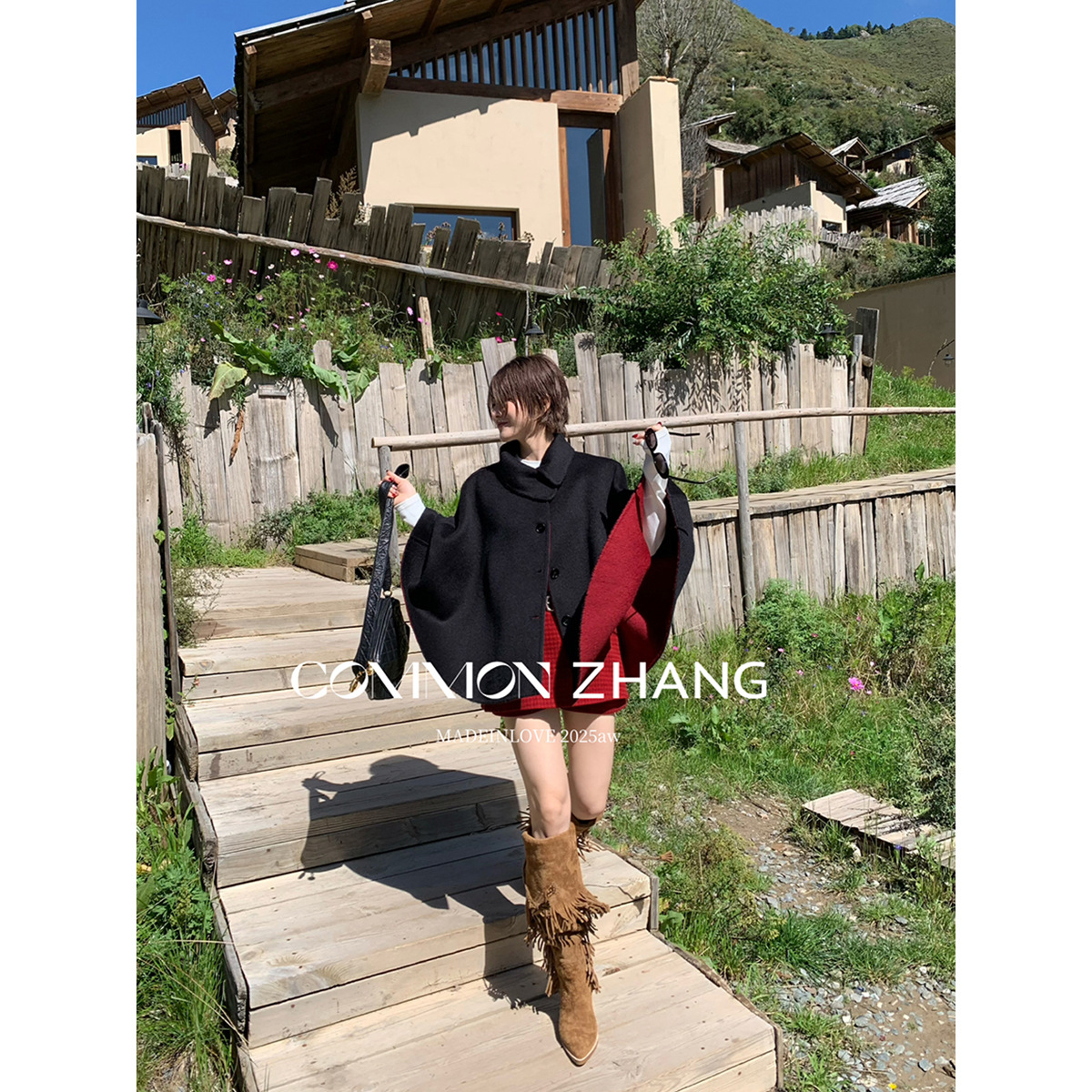 CZ ZHANG 2025冬款纯羊毛手工斗篷双面尼短外套少女感毛呢大衣 - 图0