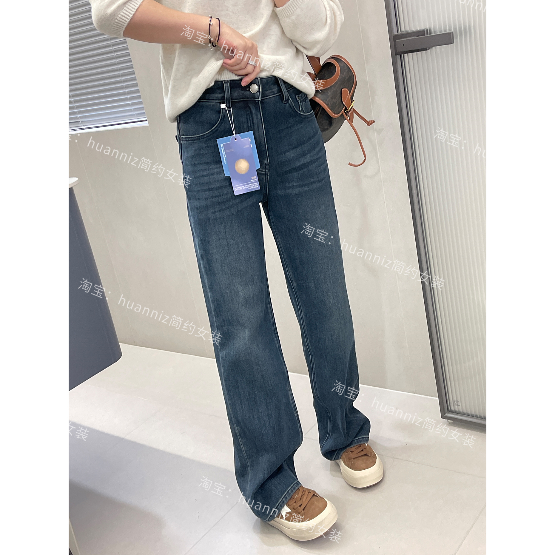 冬季松弛感显瘦大长腿加绒四面弹牛仔裤高腰薄绒阔腿裤直筒裤长裤 - 图1