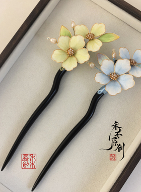 原创非遗手工绒花檀木簪古风花朵发簪汉服头饰温婉风女发饰高档礼