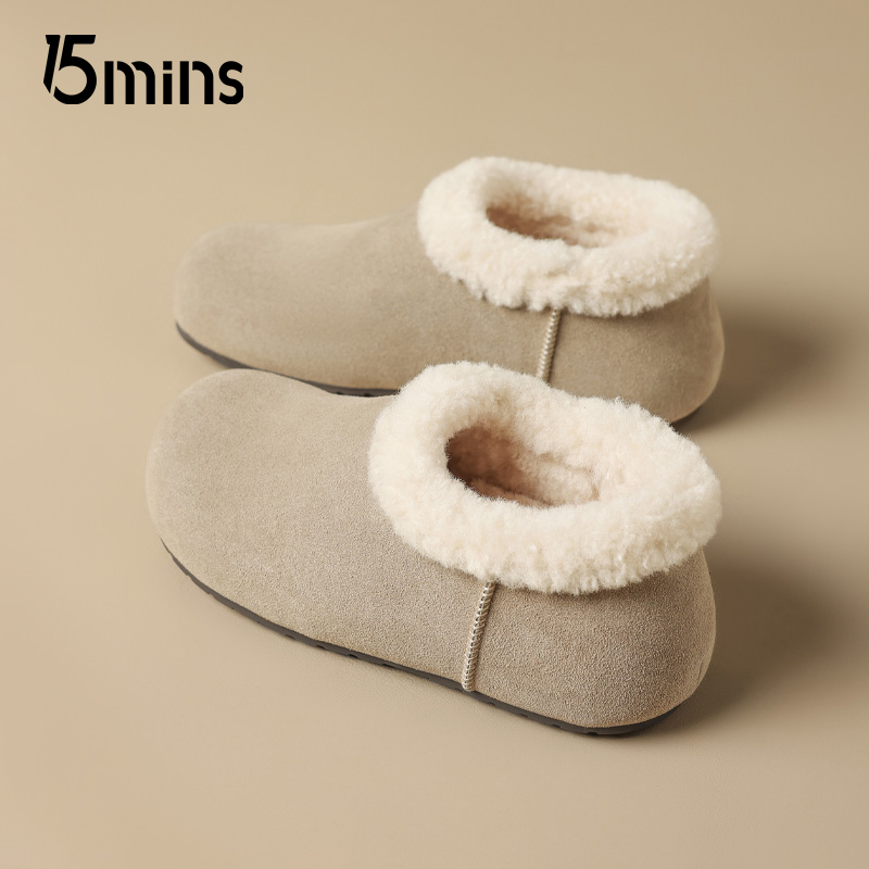 15mins全包勃肯鞋女2025新款冬季外穿羊羔绒棉鞋平底一脚蹬面包鞋 - 图1