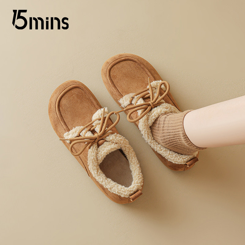 15mins羊羔毛系带勃肯鞋女2025新款冬季平底加绒保暖乐福鞋棉鞋潮