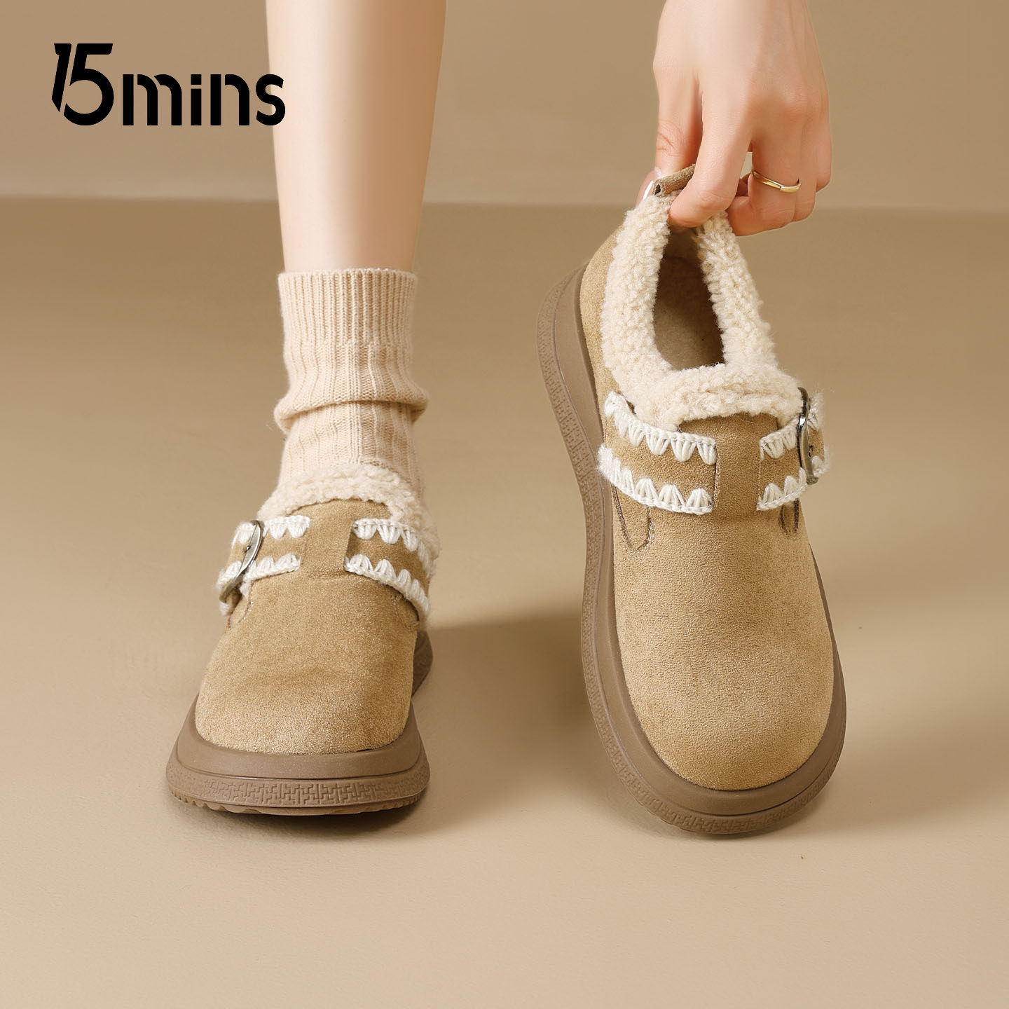 15mins时尚舒适加绒勃肯鞋女2025新款冬季厚底增高雪地靴休闲棉鞋,淘宝优惠券,粉丝福利购,淘宝优惠卷