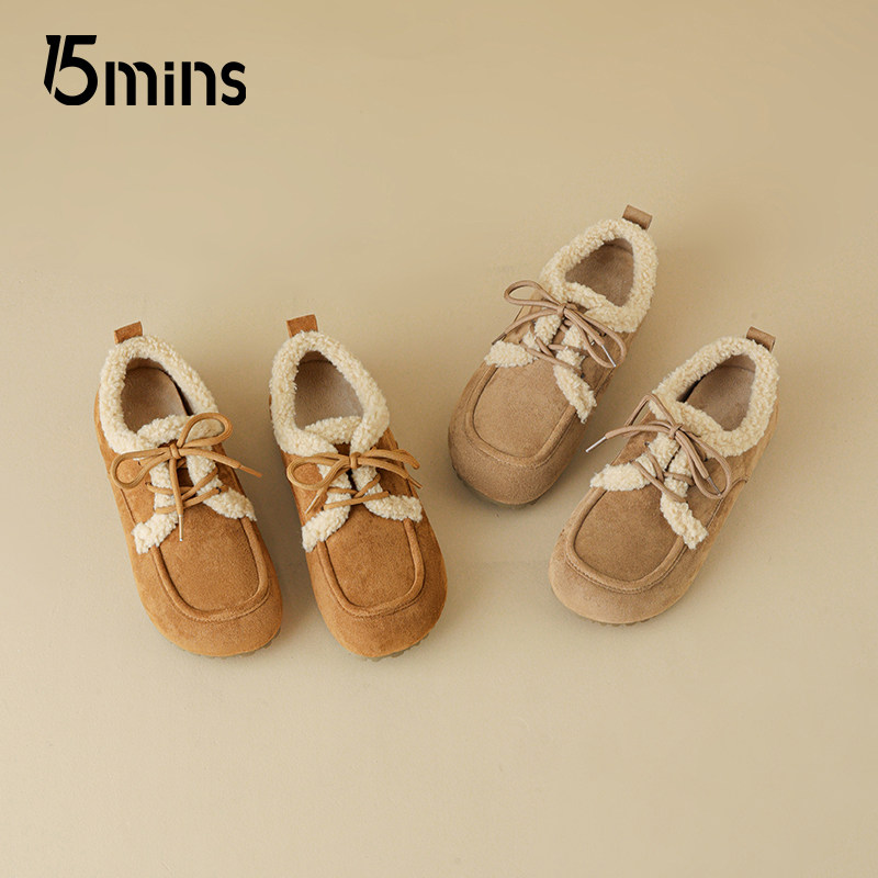 15mins羊羔毛系带勃肯鞋女2025新款冬季平底加绒保暖乐福鞋棉鞋潮