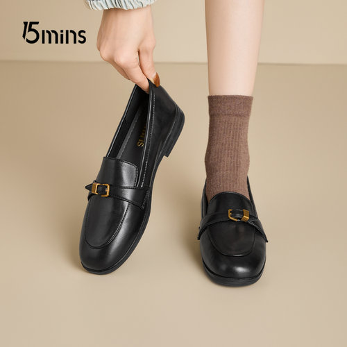 15mins黑色圆头乐福鞋女2026夏季新款配裙子英伦风经典软底豆豆鞋 - 图1