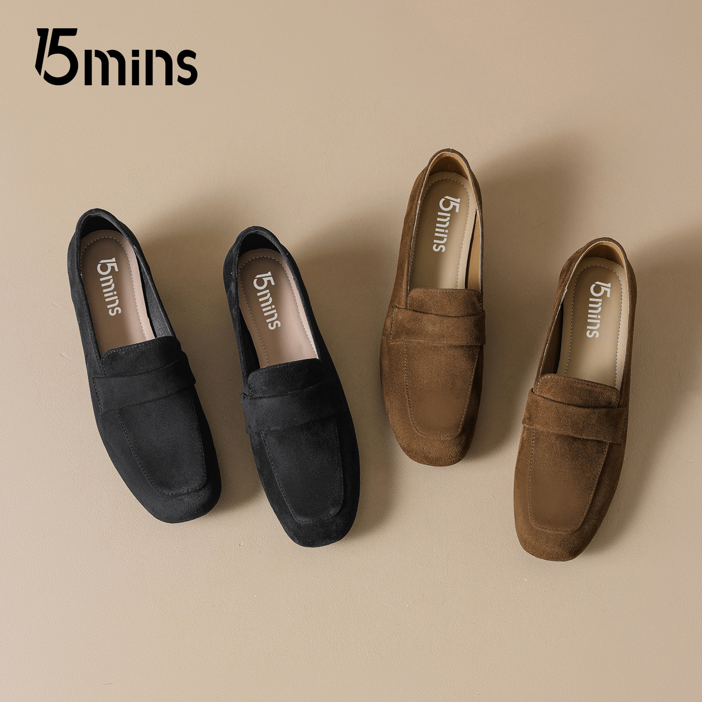 15mins黑色方头乐福鞋女2025秋冬新款复古风简约潮流绒面豆豆鞋子,淘宝优惠券,粉丝福利购,淘宝优惠卷