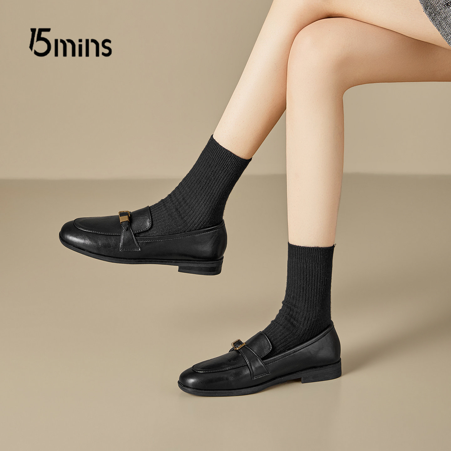 15mins皮带扣乐福鞋女2026新款春季黑色一脚蹬百搭软底深口单鞋子,淘宝优惠券,粉丝福利购,淘宝优惠卷