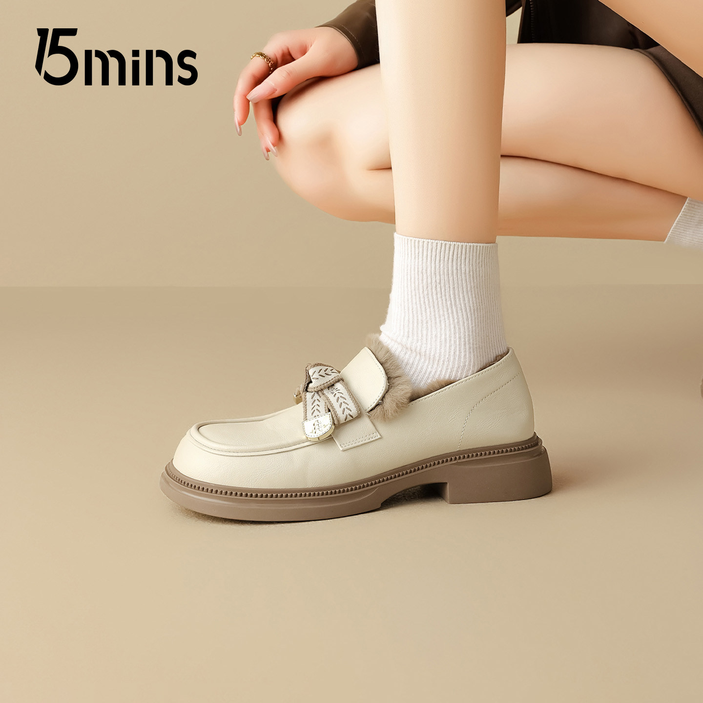 15mins厚底加绒乐福鞋女2025秋冬新款粗跟单鞋加厚保暖白色小皮鞋,淘宝优惠券,粉丝福利购,淘宝优惠卷