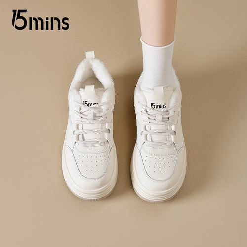 15mins厚底小白鞋女2026冬季新款加绒保暖百搭板鞋时尚增高休闲鞋 - 图2