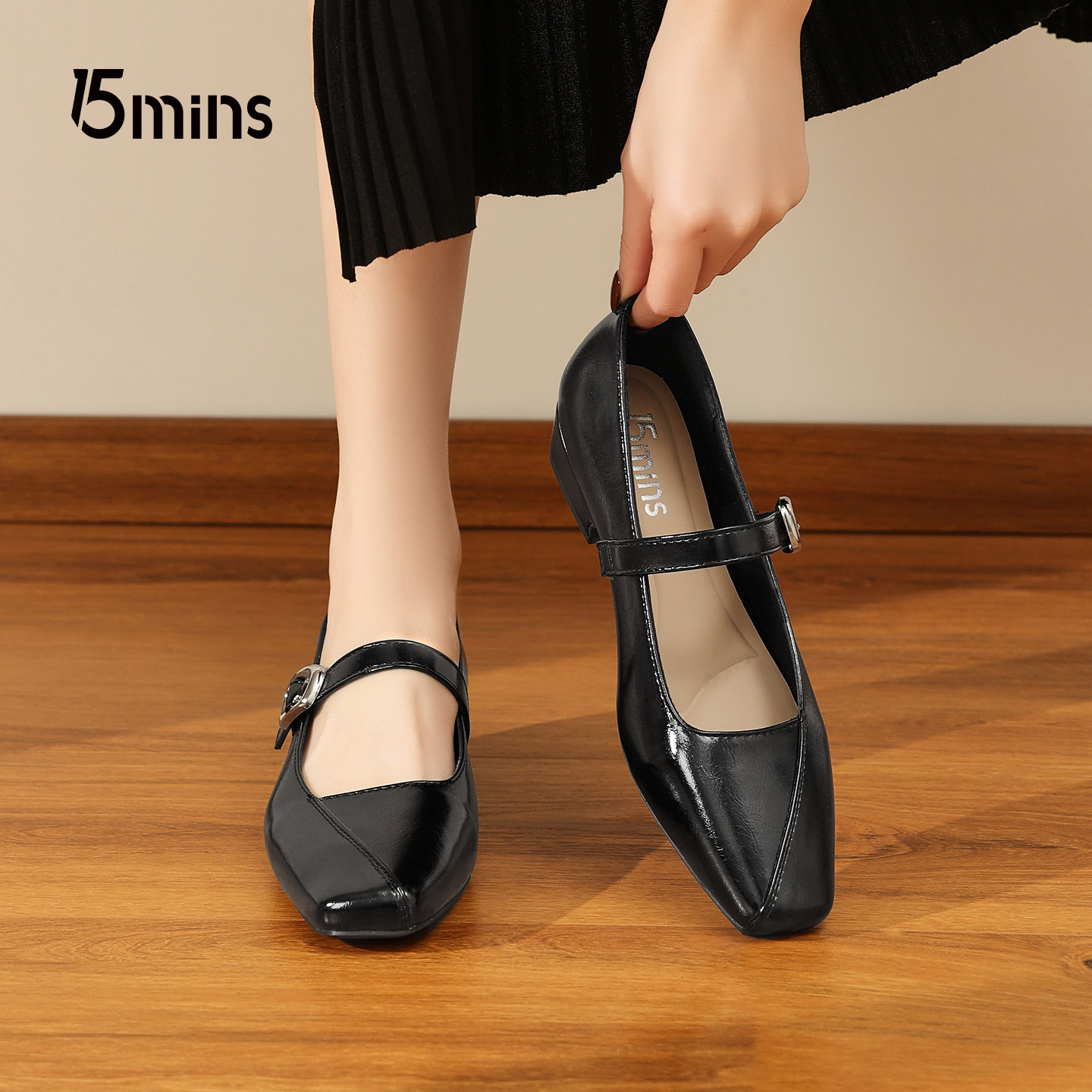 15MINS方头黑色玛丽珍鞋女2026春季新款一字扣复古风通勤浅口单鞋,淘宝优惠券,粉丝福利购,淘宝优惠卷