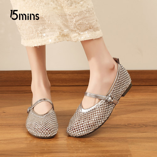 15mins水钻网纱玛丽珍鞋女2026夏新款一字扣软底透气镂空浅口单鞋 - 图1