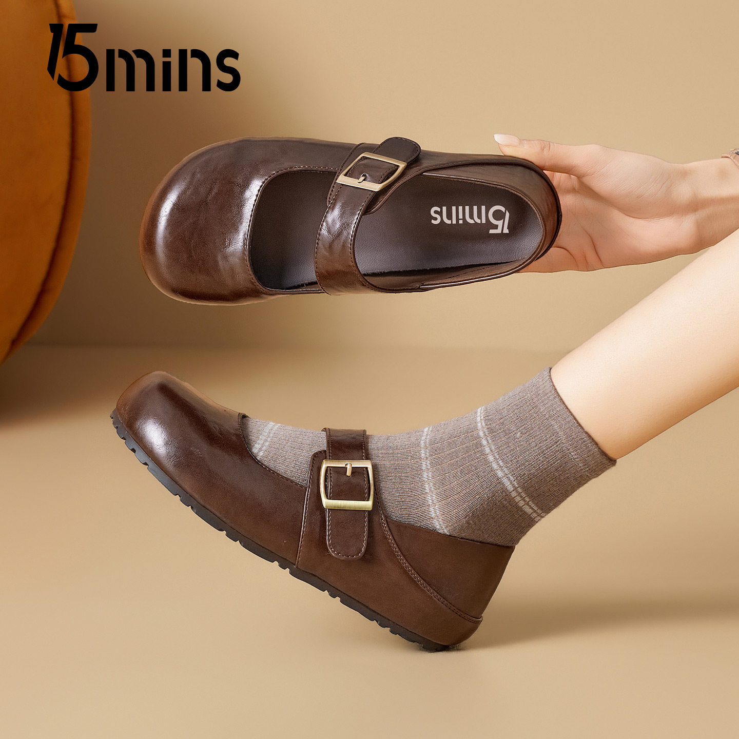 15mins复古风玛丽珍女2026春夏新款平底一字扣带棕色皮质浅口单鞋,淘宝优惠券,粉丝福利购,淘宝优惠卷