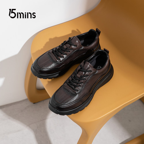 15mins头层牛皮男鞋2026春季新款真皮透气厚底户外运动休闲男士鞋 - 图3