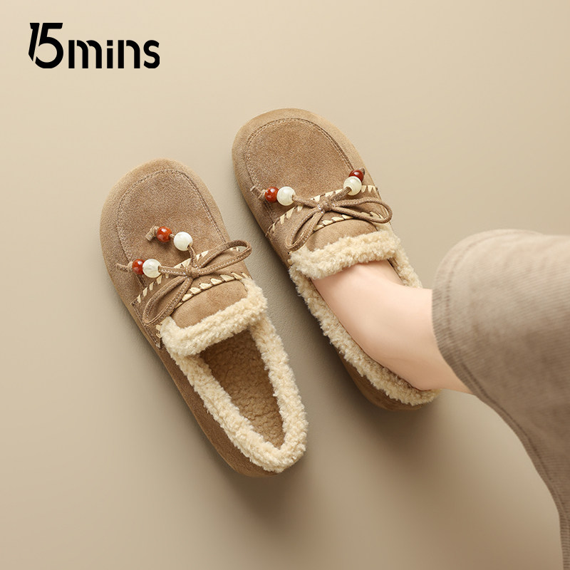 15mins平底勃肯鞋女2025新款秋冬加绒毛毛鞋一脚蹬保暖棉鞋懒人鞋,淘宝优惠券,粉丝福利购,淘宝优惠卷