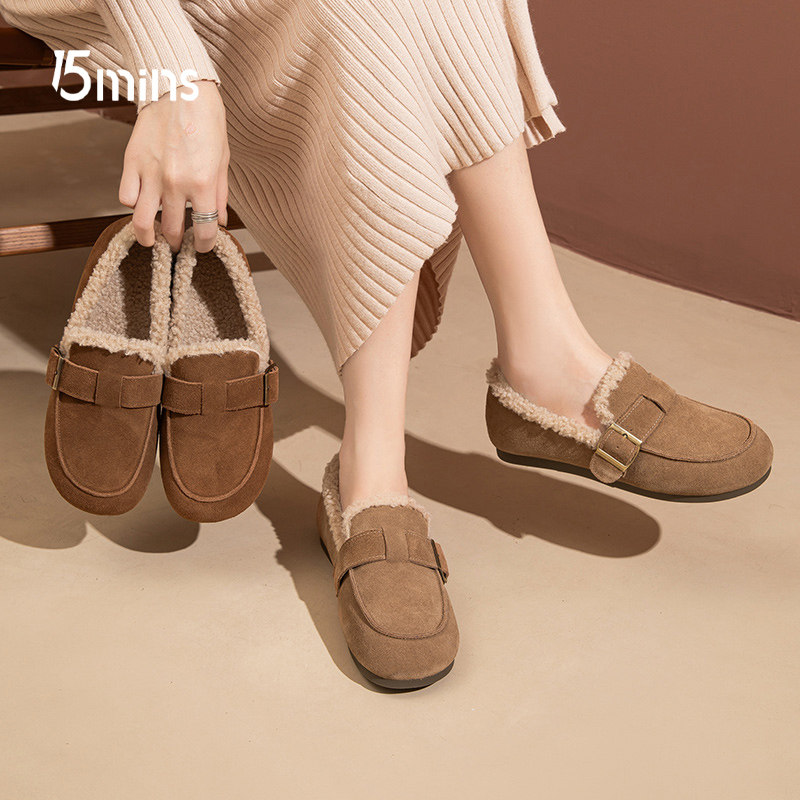 15mins毛毛鞋女秋冬外穿2025年新款加绒加厚保暖棉鞋平底勃肯鞋子