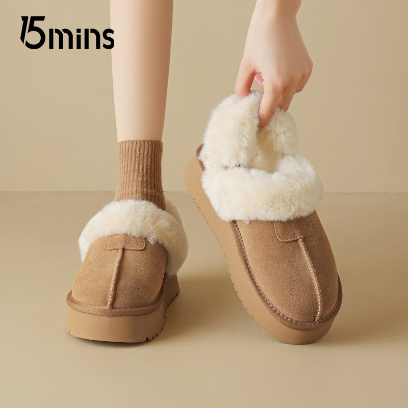 15mins厚底勃肯雪地靴女2025新款冬季加绒保暖棉鞋一脚蹬面包鞋子
