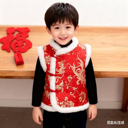 宝宝过年服唐装马甲加绒加厚婴儿新年装汉服男童女童国风拜年背心